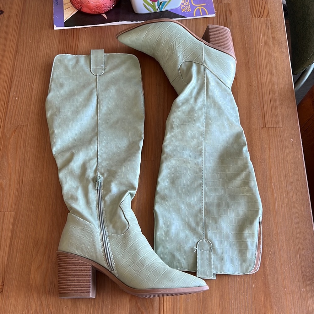 Pistachio green thigh high cowboy boot heels